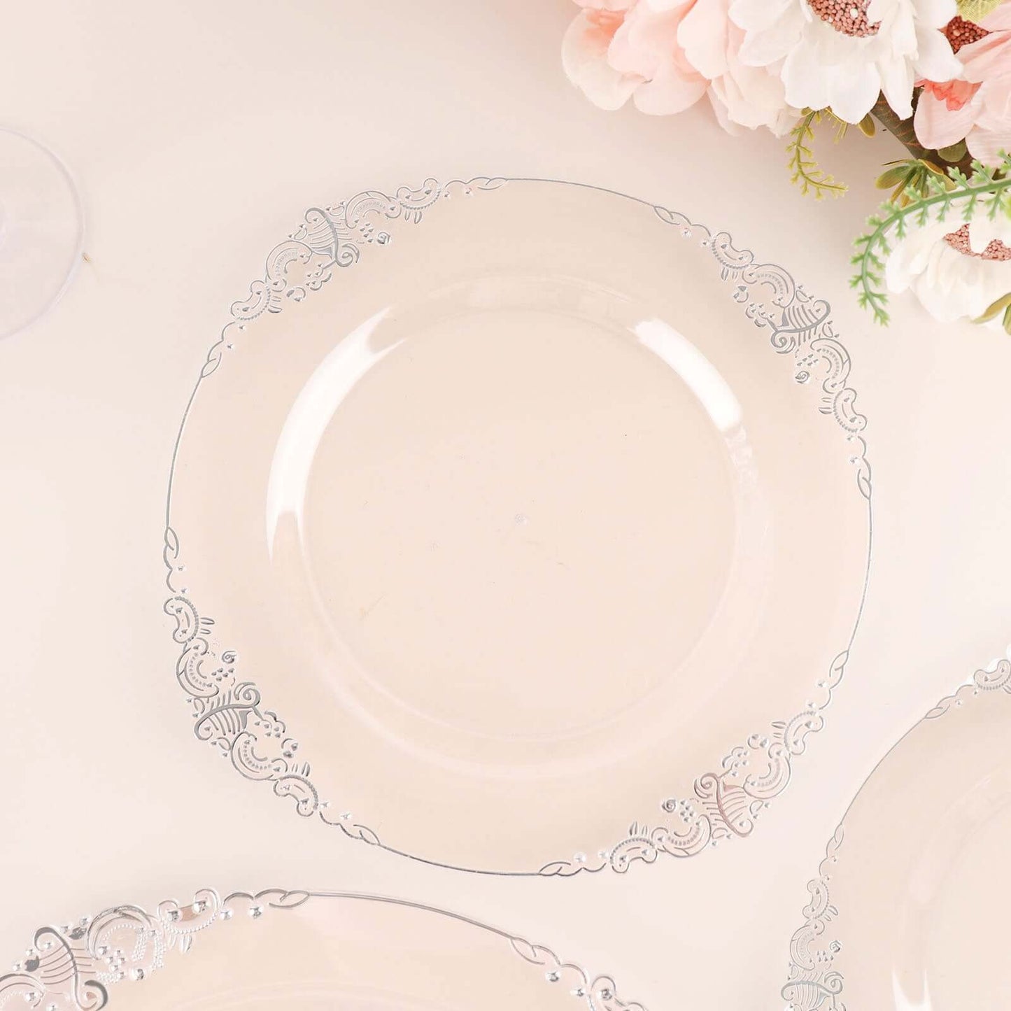 10-Pack Plastic 8" Round Dessert Plates in Clear with Silver Leaf Embossed Rim - Disposable Vintage Baroque Style Salad Plates