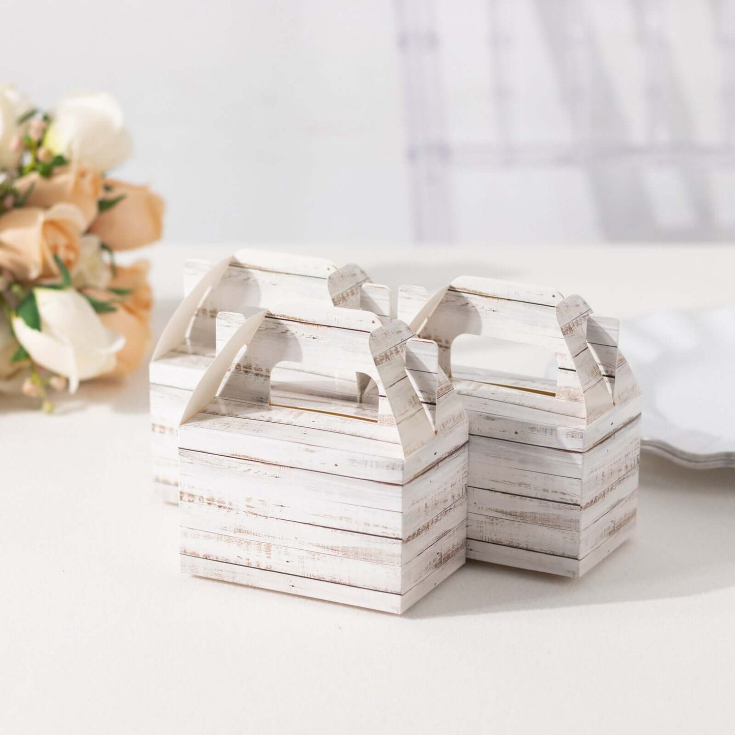 25 Pack Rustic White Candy Gift Tote Gable Boxes With Wood Plank Pattern, Party Favor Treat Boxes - 4"x2.5"x4.5"