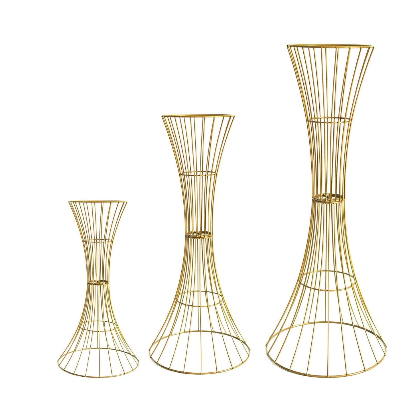 48" Tall Gold Metal Wire Hourglass Flower Frame Stand, Open Frame Reversible Trumpet Centerpiece Stand