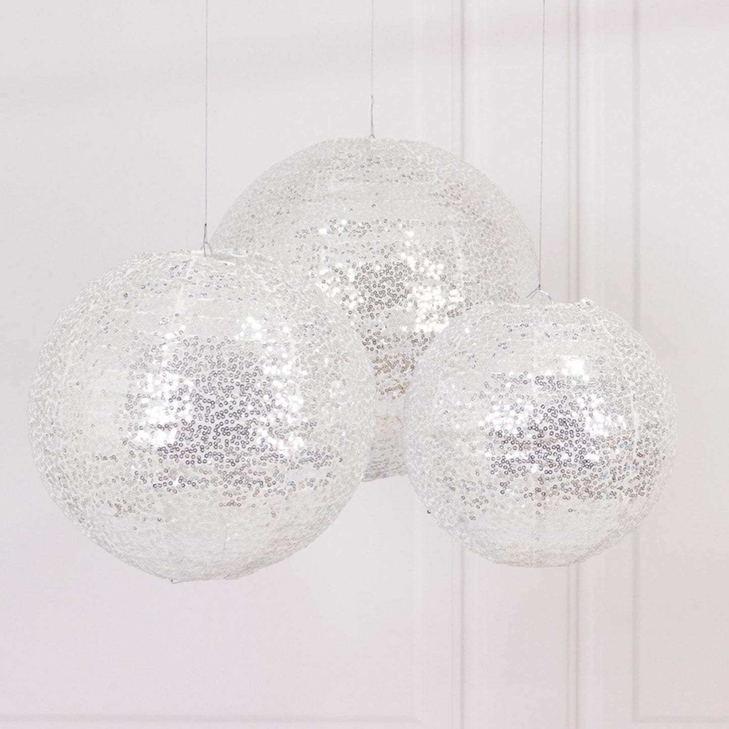 Set of 3 Glitter Silver Sequin Fabric Hanging Lanterns, Decorative Round Foldable Chinese Lantern Lampshades - 8",10",12"
