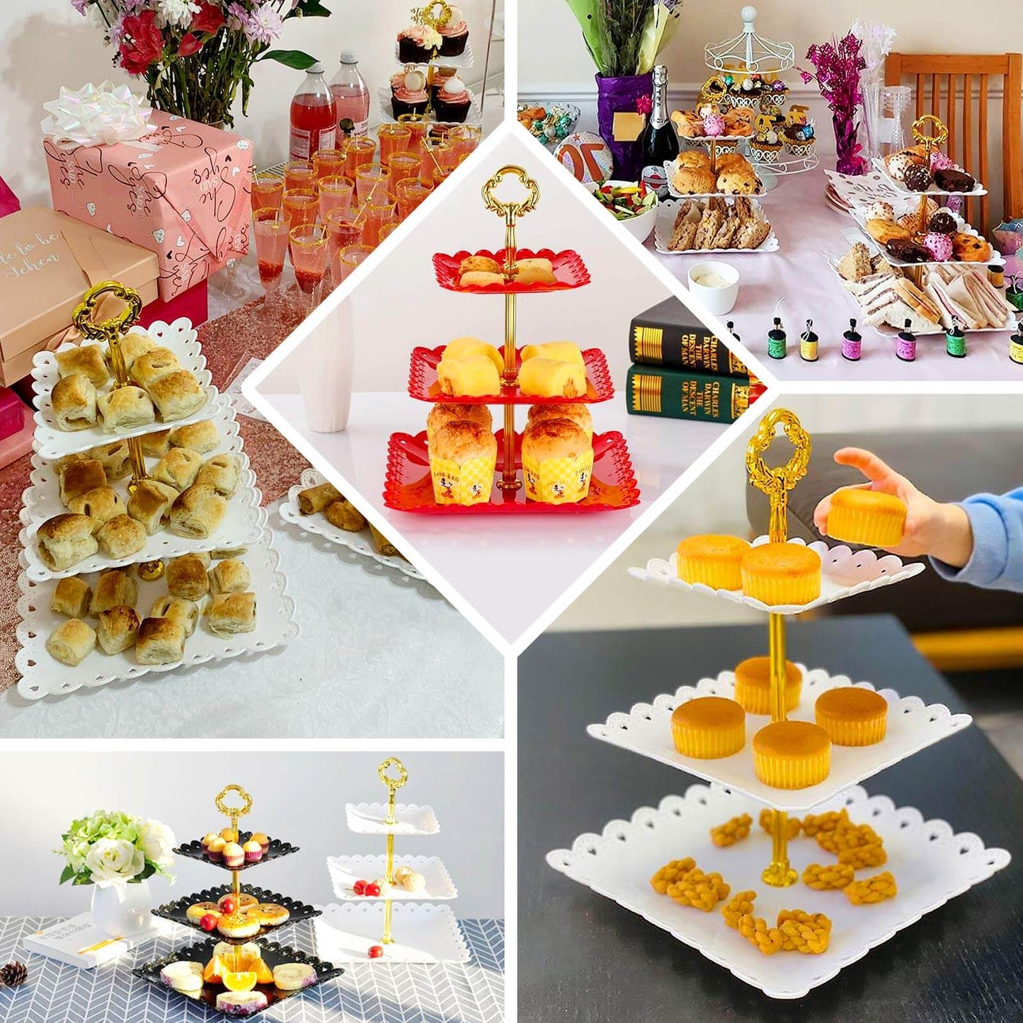 3-Tier Plastic Square Cupcake Stand Tower Black - Charming Disposable Dessert Display Serving Tray Platter with Heart Wavy Edge & Gold Top Handle for Tea Parties Weddings & Special Occasions 13"