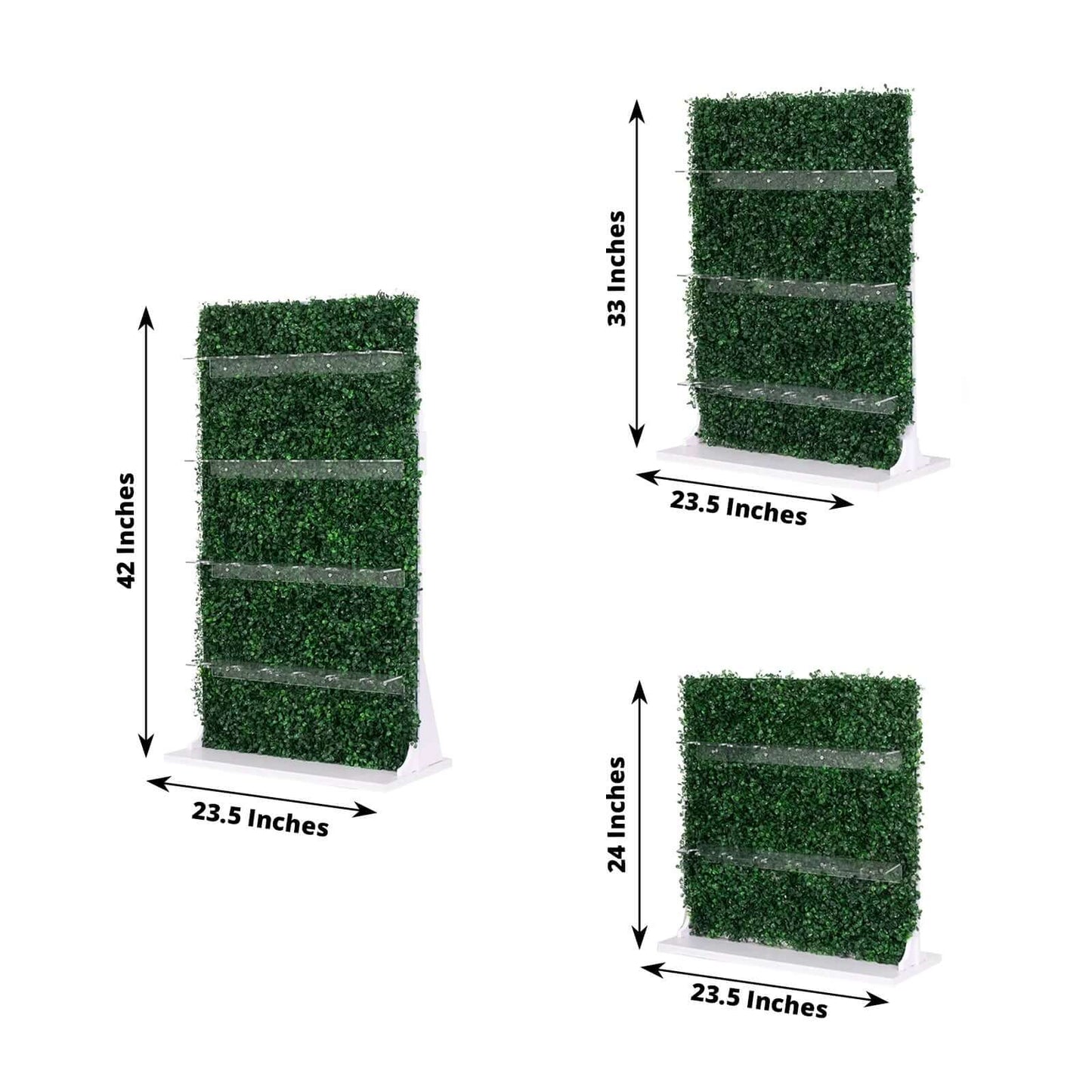 Set of 3 Champagne Wall Glass Holder Green - Tiered Faux Boxwood Stemware Rack Cocktail Display Drink Organizer for Classy Events & Banquets 24", 33", 42"