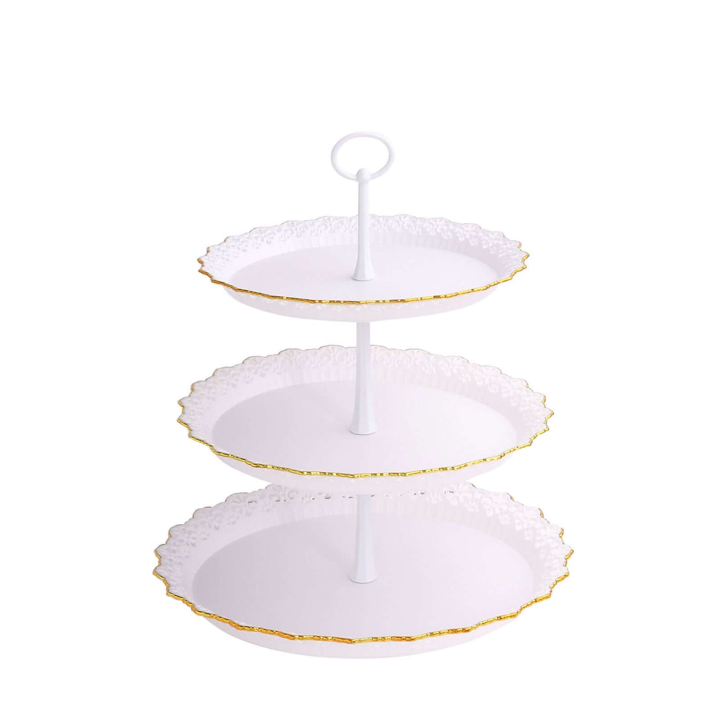 3-Tier Plastic Round Cupcake Stand 15" White with Lace Gold Rim Scalloped Edges