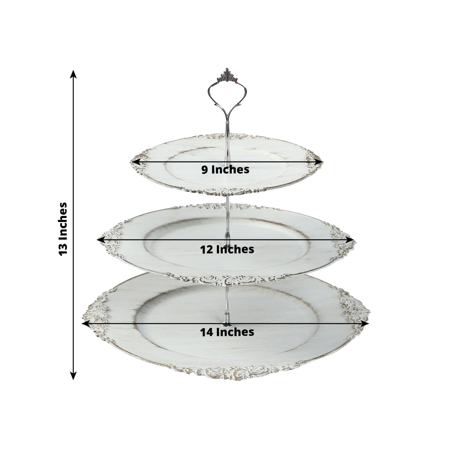3-Tier Plastic Round Cupcake Stand Whitewashed with Antique Gold Baroque Rim & Top Handle 13"