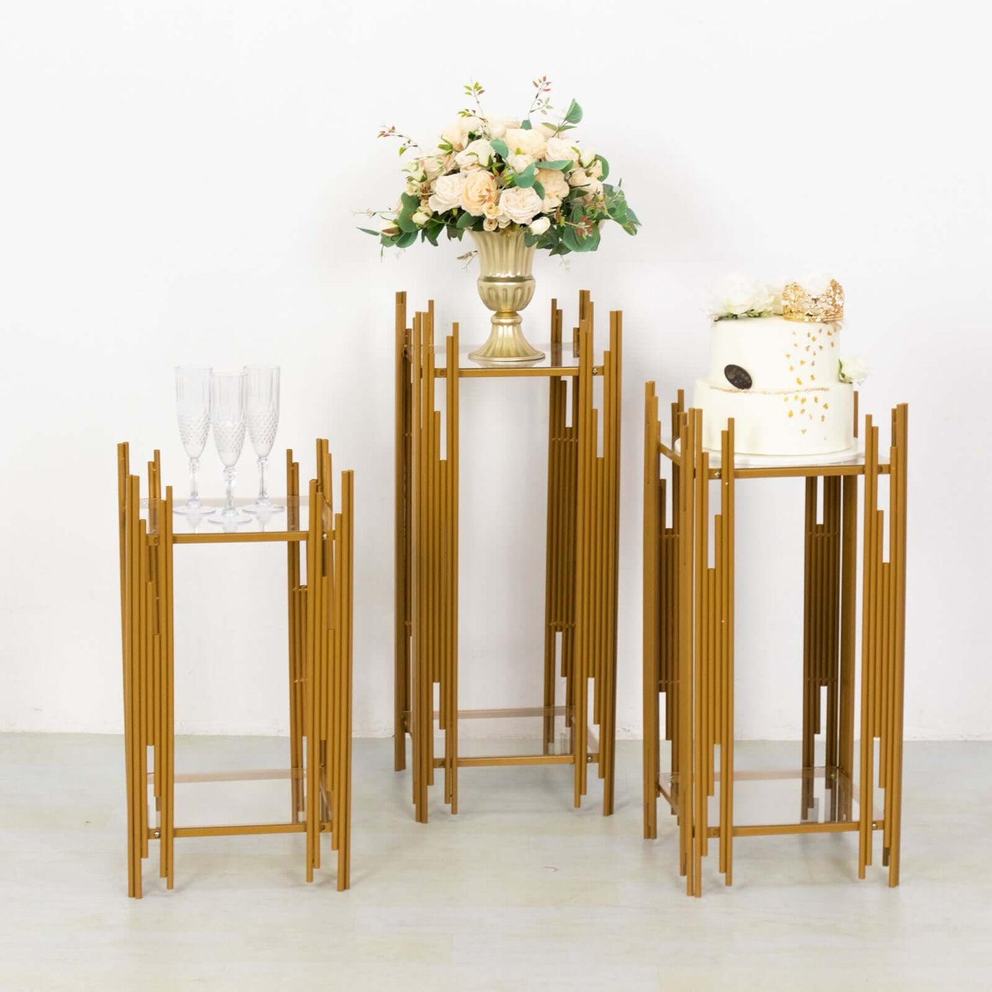 Set of 3 Wedding Pedestal Stands Square Acrylic Plate Design Gold - Metal Flower Display Plinths 26",30",34"