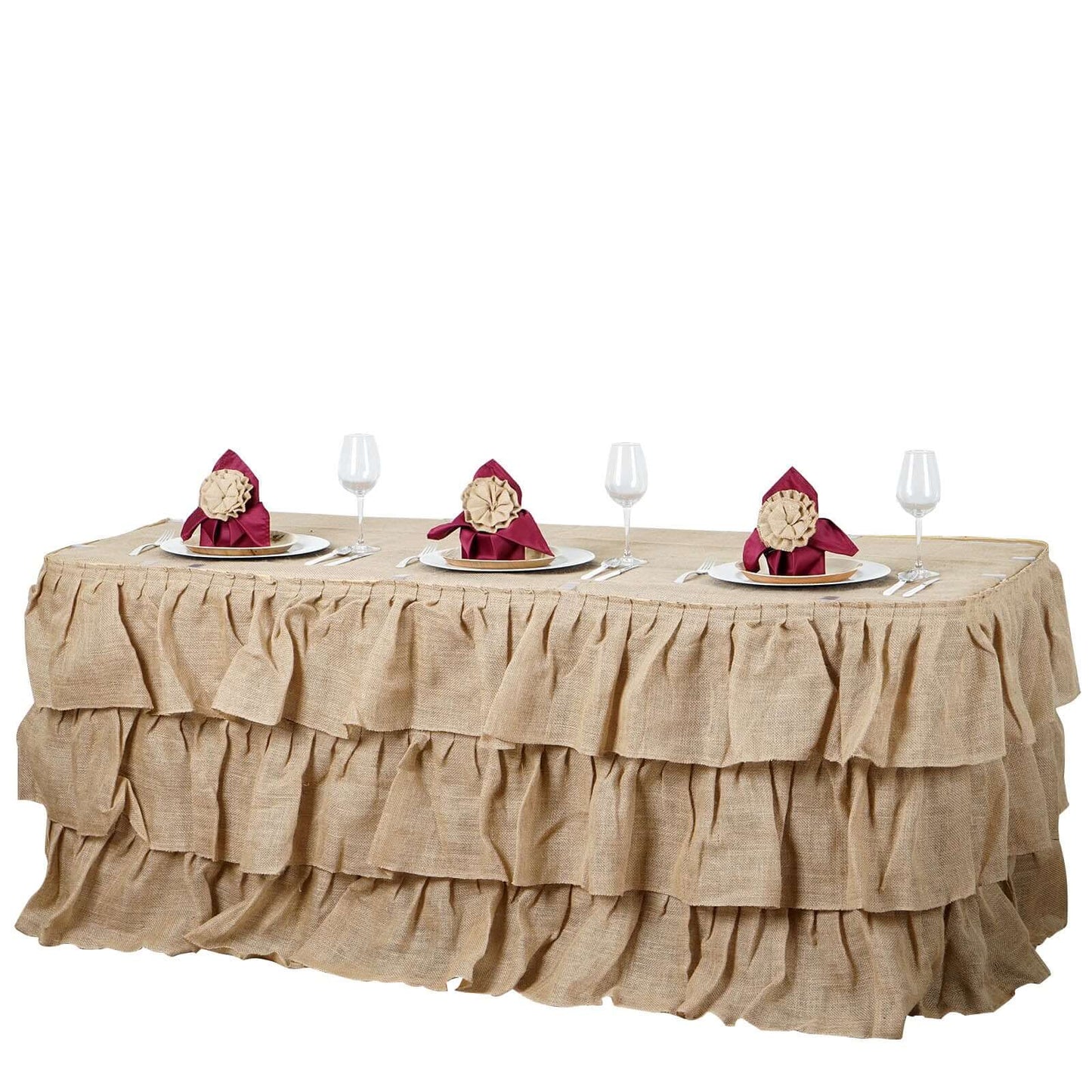 Burlap 21ft Table Skirt Natural 3 Tier Ruffled Design for Rustic Weddings & Country Events