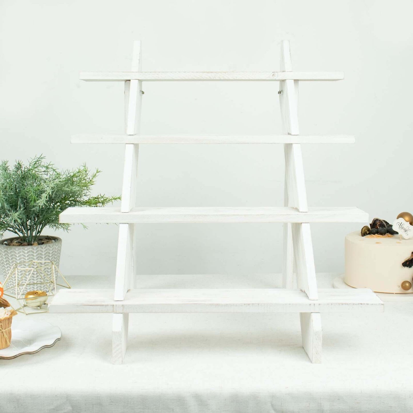 4-Tier Wooden Ladder Shelf Whitewashed Rustic Design - Cascading Stair Step Dessert Display Cupcake Holder 21"