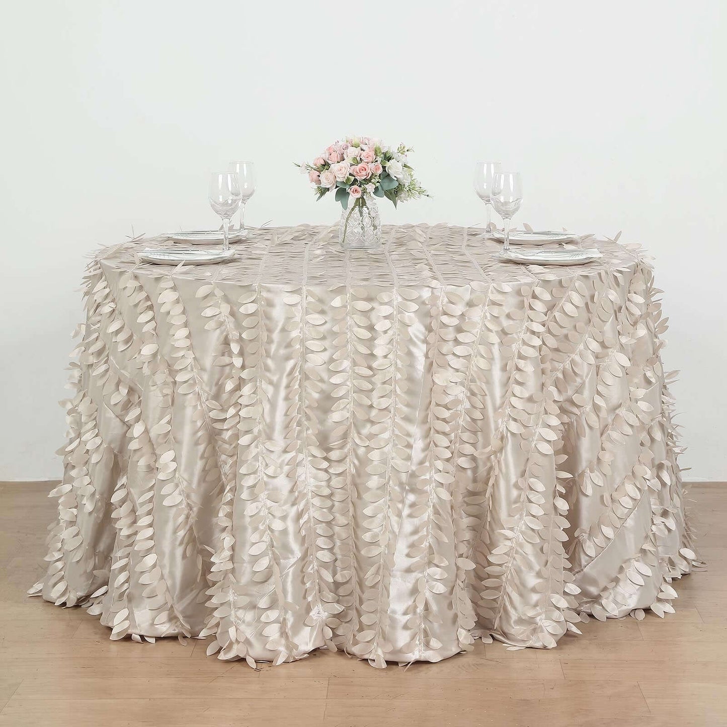 Taffeta 120" Round Tablecloth Beige | 3D Leaf Petal Design Seamless Table Cover for Chic Wedding & Event Decor
