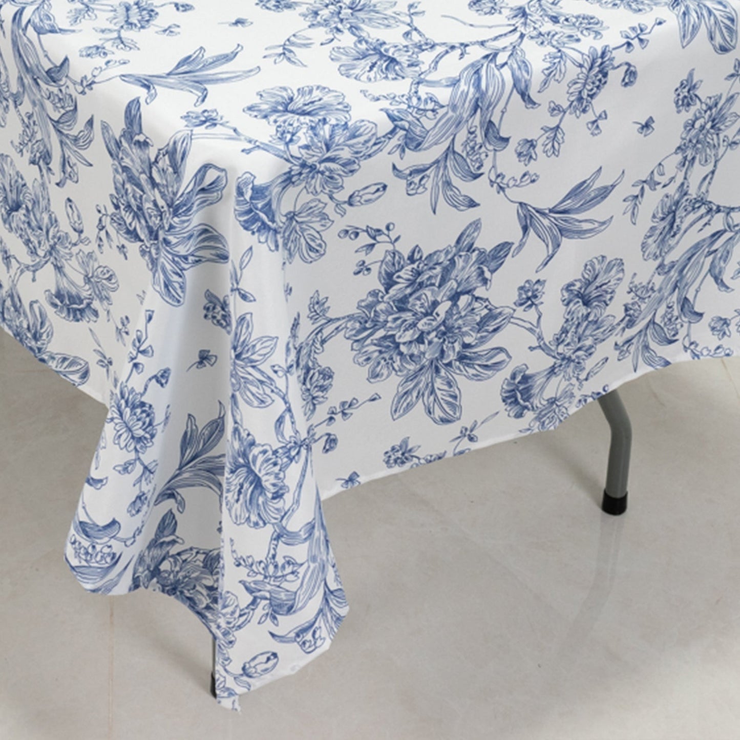 Polyester 60"x102" Rectangle Tablecloth White - Blue French Toile Pattern for Elegant Gatherings