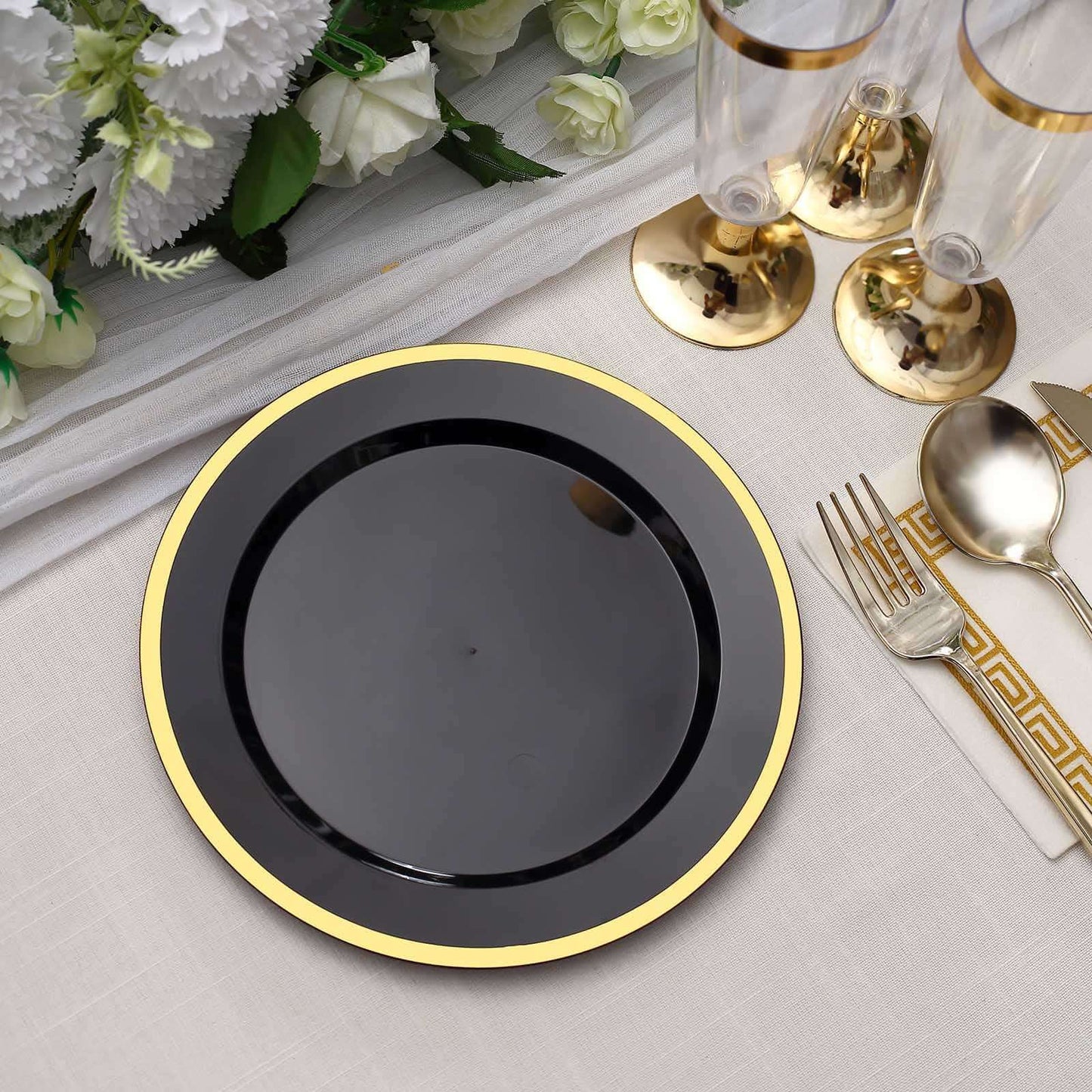 10-Pack Plastic 7" Round Appetizer Plates in Black with Gold Rim - Sleek Disposable Salad Plates for Banquets & Special Occasions