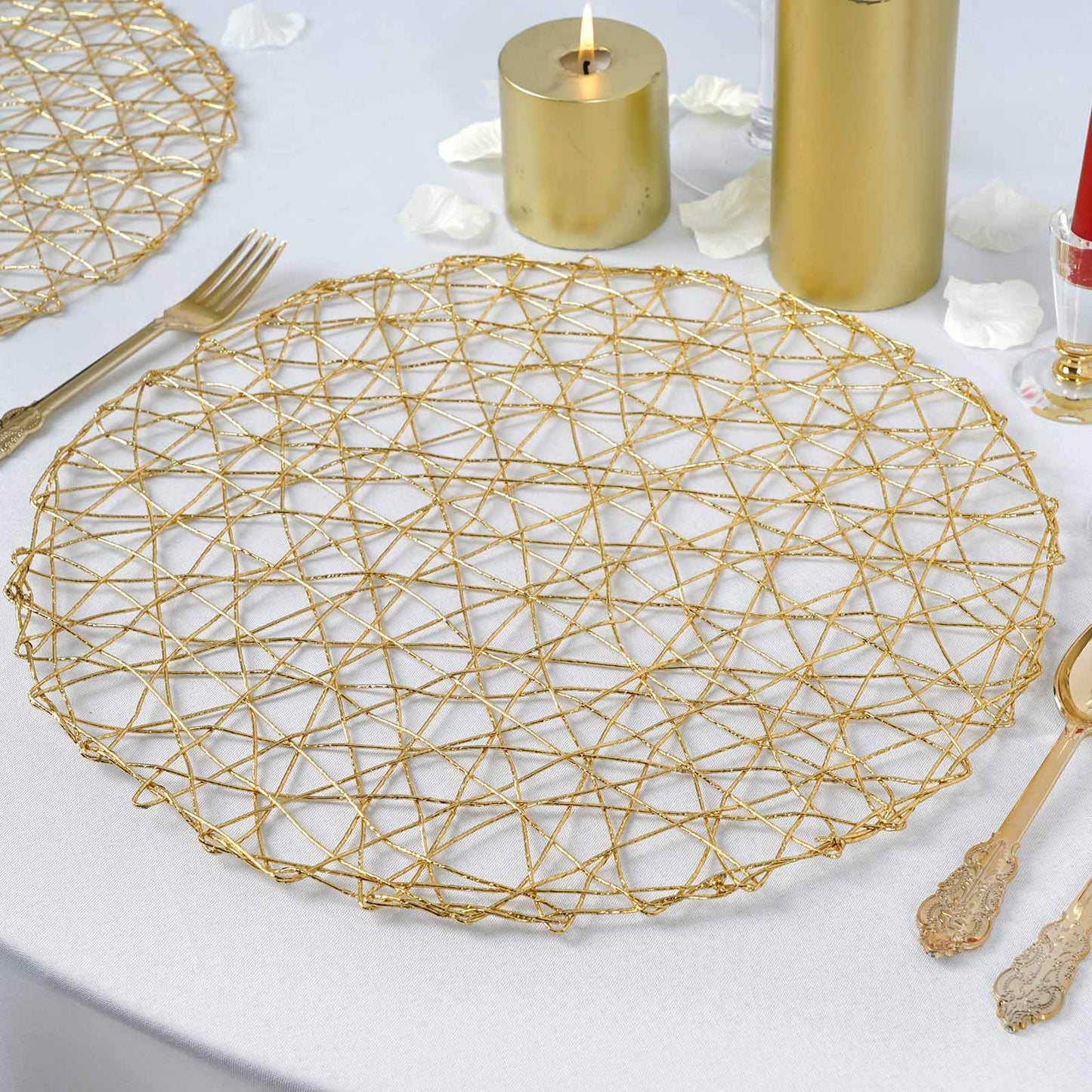 6-Pack Table Placemats Woven Fiber Design Gold Round - Disposable Mats for Dining and Events 15"