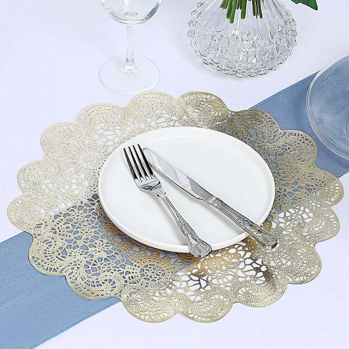 6-Pack Dining Table Mats Floral Lace Design Gold - Vinyl Non-Slip Surface with Vintage Appeal 15"