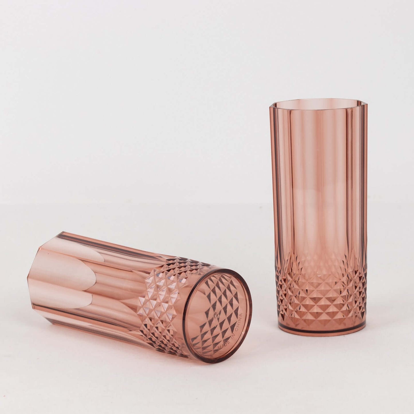 6-Pack Plastic Cocktail Tumblers Dusty Rose Transparent Crystal Cut Style - Shatterproof Highball Glasses 14oz