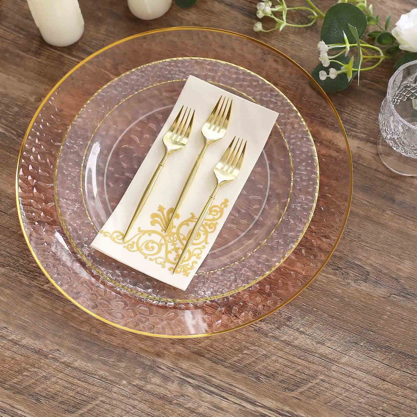 10 Pack Economy Plastic Round Charger Plates 13" in Transparent Blush Hammered Design with Gold Rim, Decorative Dinner Party Serving Plates