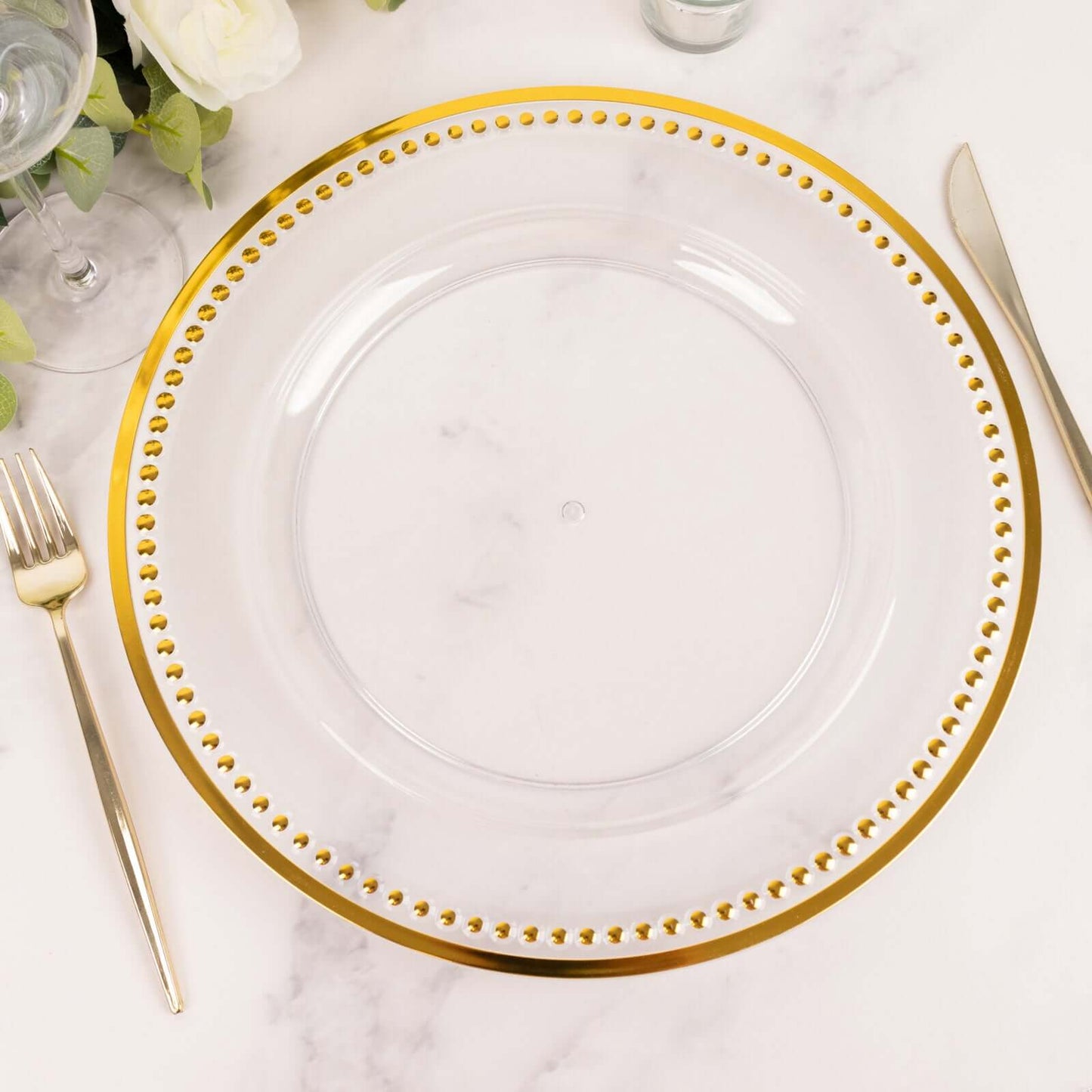 6-Pack Acrylic Round Charger Plates 13" in Clear with Gold Beaded Rim, Dinner Charger Event Tabletop Decor