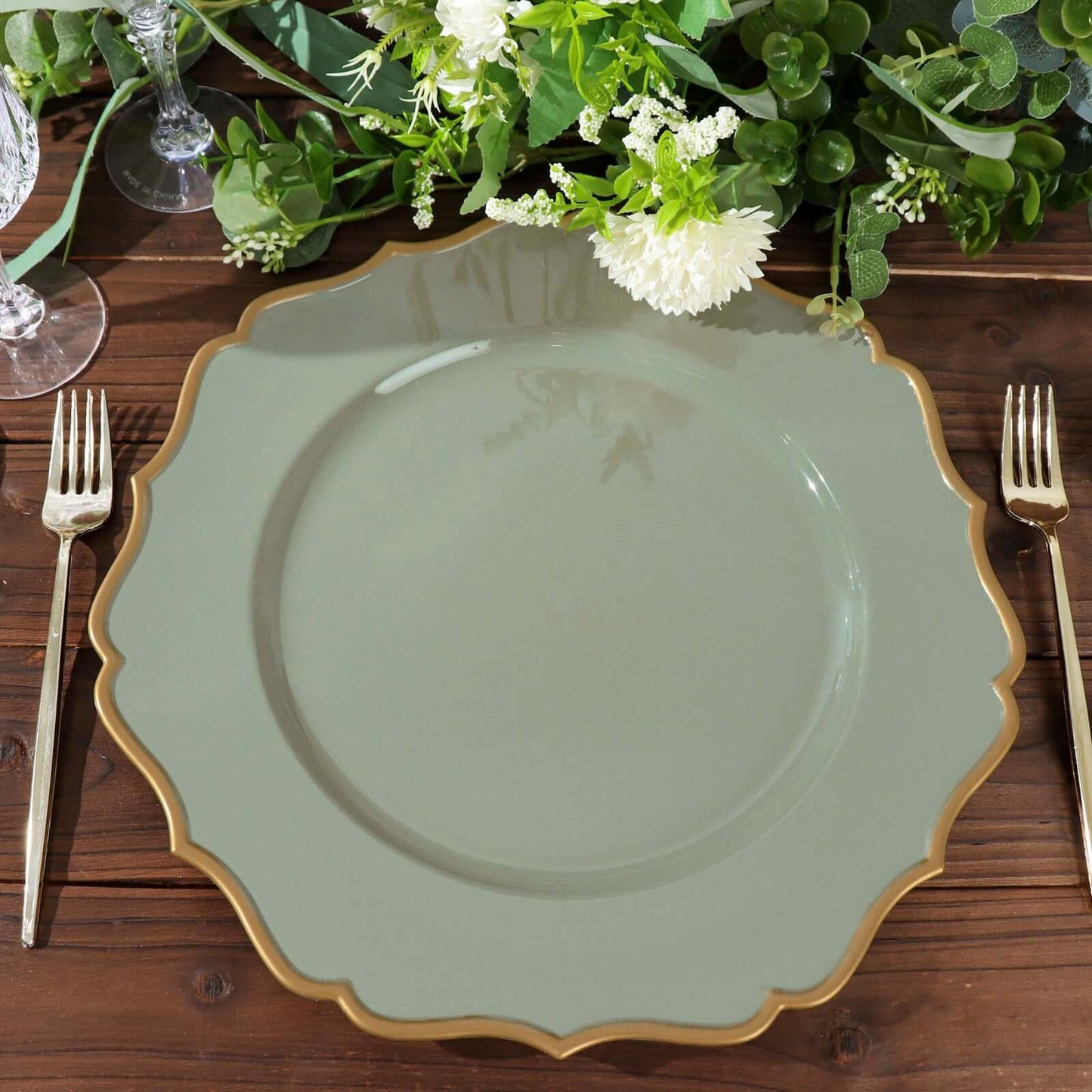 6-Pack Acrylic Round Charger Plates 13" in Dusty Sage Green with Gold Scalloped Rim, Decorative Dinner Party Plastic Charger Tableware