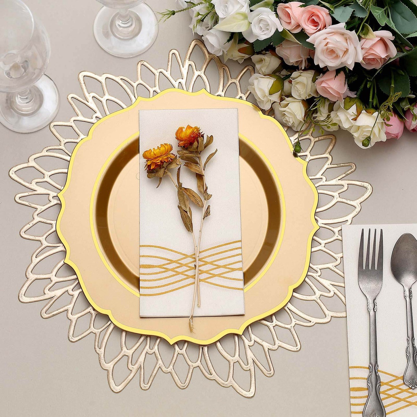 10-Pack Plastic 10" Round Dinner Plates in Gold with Gold Scalloped Rim - Disposable Party Plates