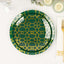20-Pack Set Plastic Round Dinner and Salad Plates in Hunter Emerald Green with Geometric Gold Print - Modern Disposable Dinnerware Set for Weddings & Celebrations 9", 7"