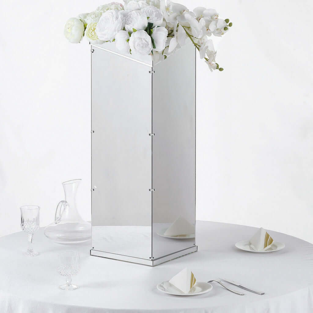 32" Silver Mirror Finish Acrylic Display Box, Pedestal Riser with Interchangeable Lid and Base