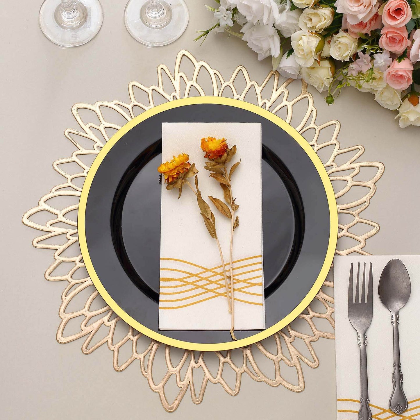 10-Pack Plastic 10" Round Dinner Plates in Black with Gold Rim - Disposable Party Plates for Classy Banquets & Special Occasions