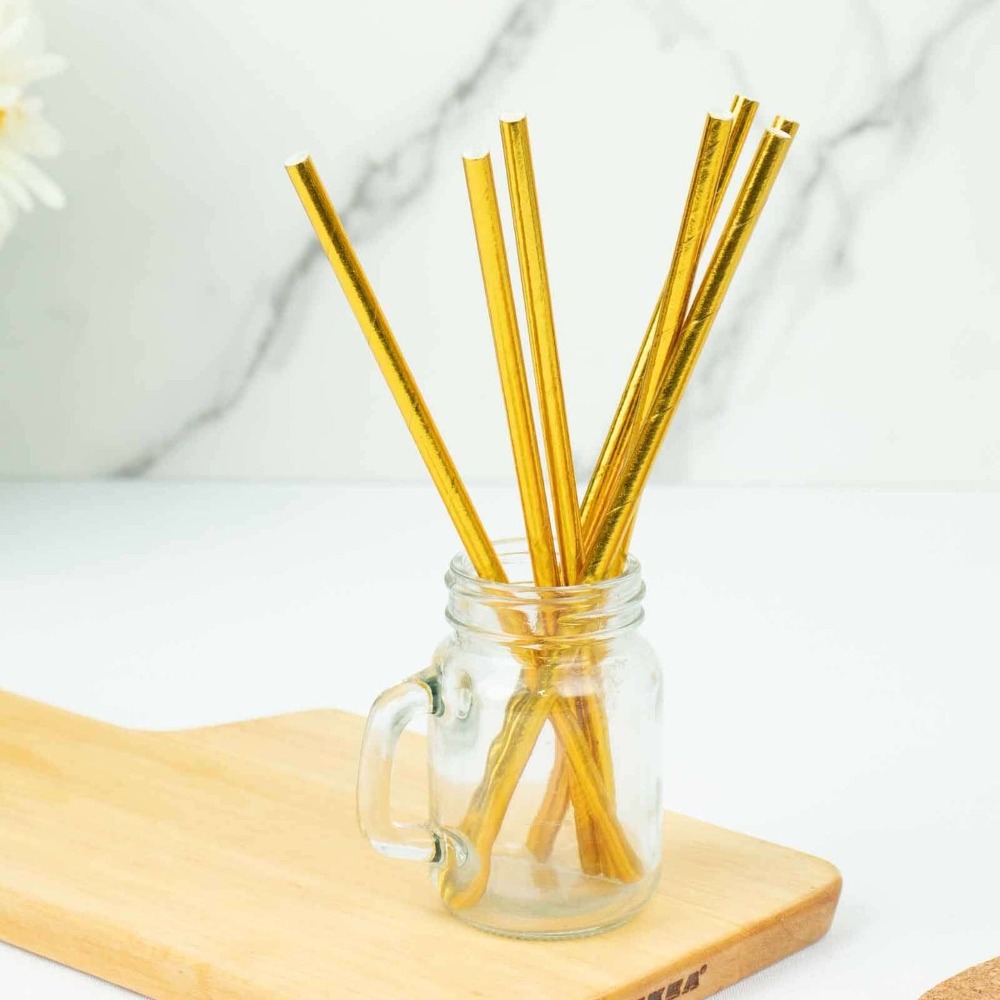 50-Pack Paper Drinking Straws Metallic Gold Foil Food Grade - Disposable Biodegradable Straws for Events 8"