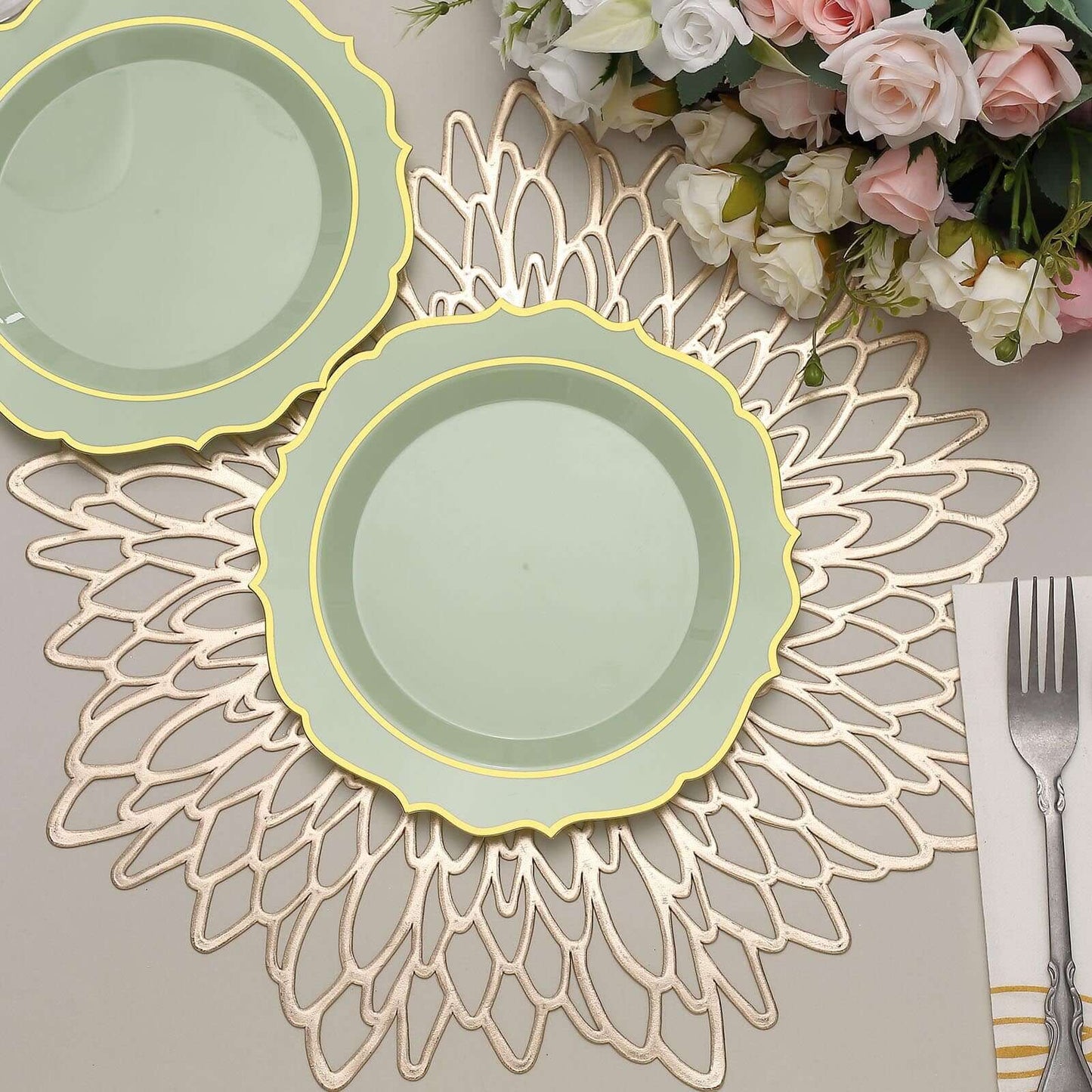 10-Pack Plastic 8" Round Dessert Plates in Sage Green with Gold Scalloped Rim - Disposable Appetizer/Salad Plates