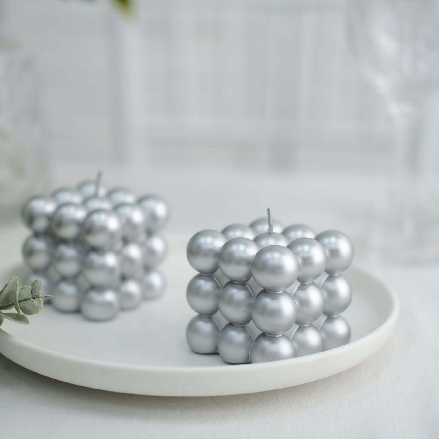 2-Pack Decorative Paraffin Wax Candles Bubble Cube Design Metallic Silver - Unscented Long Burning Pillar Candle Set 2"