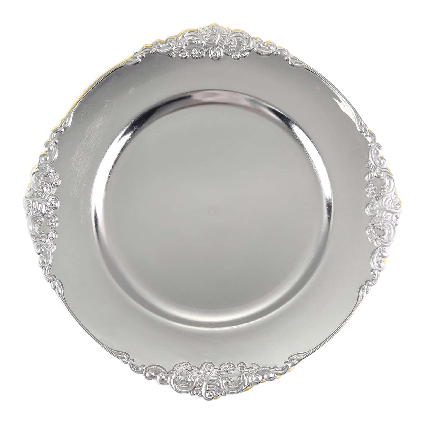 6-Pack Acrylic Round Charger Plates 13" in Silver with Embossed Baroque Rim, Antique Decorative Dinner Party Charger Tableware
