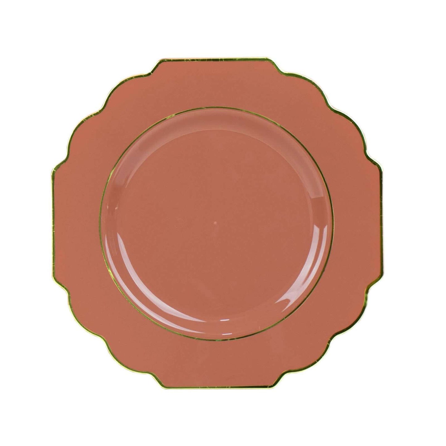 10-Pack Plastic Dessert Appetizer Plates in Terracotta (Rust) Baroque Design with Scalloped Gold Rim - Heavy Duty Disposable Salad Plates 8"