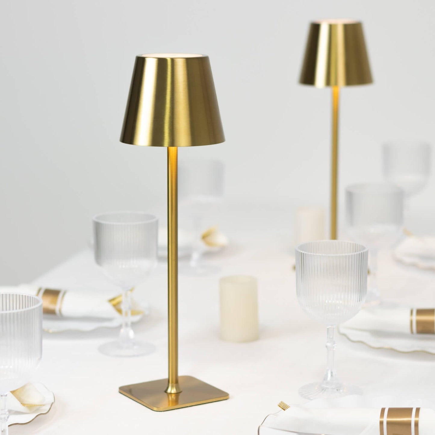 15" Gold Metal LED Table Lamp with Classic Empire Lampshade - Cordless Rechargeable Desk Lamp, 3 Color Modes, Stepless Dimming, Touch Control