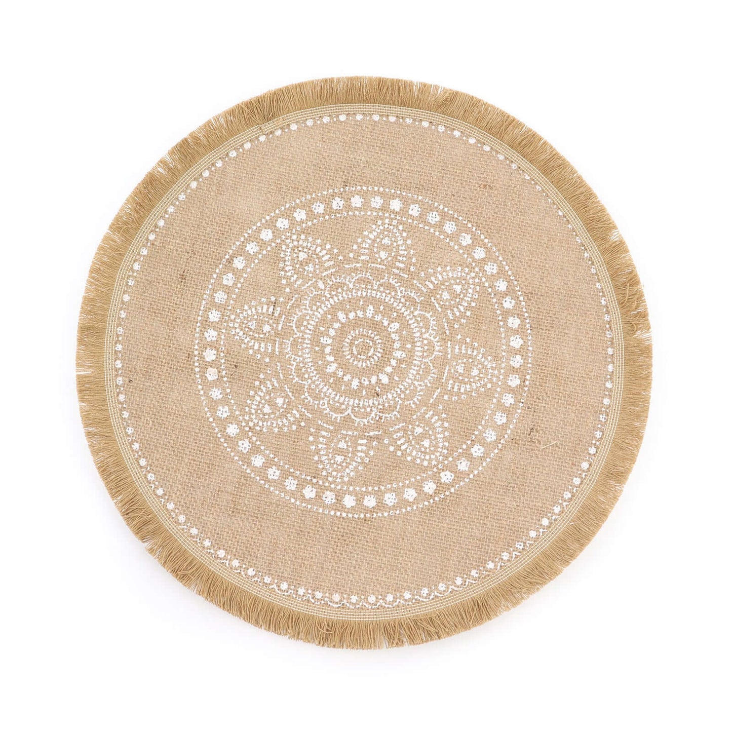4-Pack Placemats White Embroidery Print Design Natural Jute Fringe Round - Rustic Burlap Woven Style 15"