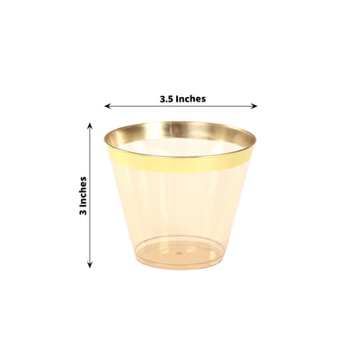 25-Pack Plastic Party Cups Transparent Amber Gold Crystal with Gold Rim - Stylish Short Disposable Glasses 9oz