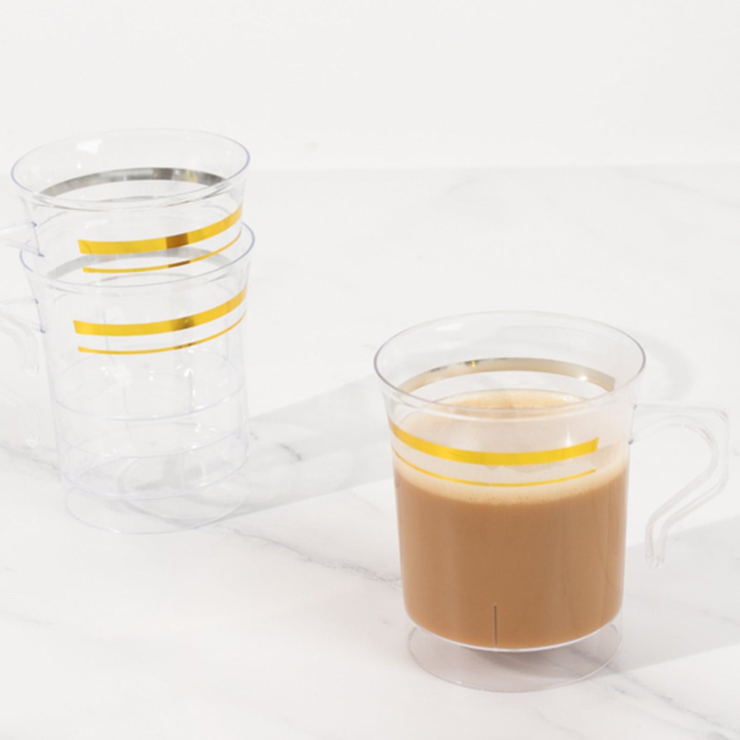 8-Pack Plastic Coffee Mugs Clear with Gold Stripes - Sturdy Disposable Cups for Coffee and Tea 8oz 3.5"
