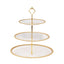 3-Tier Plastic Round Cupcake Tower Stand Clear - Versatile Dessert Display Tea Party Serving Platter with Gold Beaded Rim & Top Handle 14"