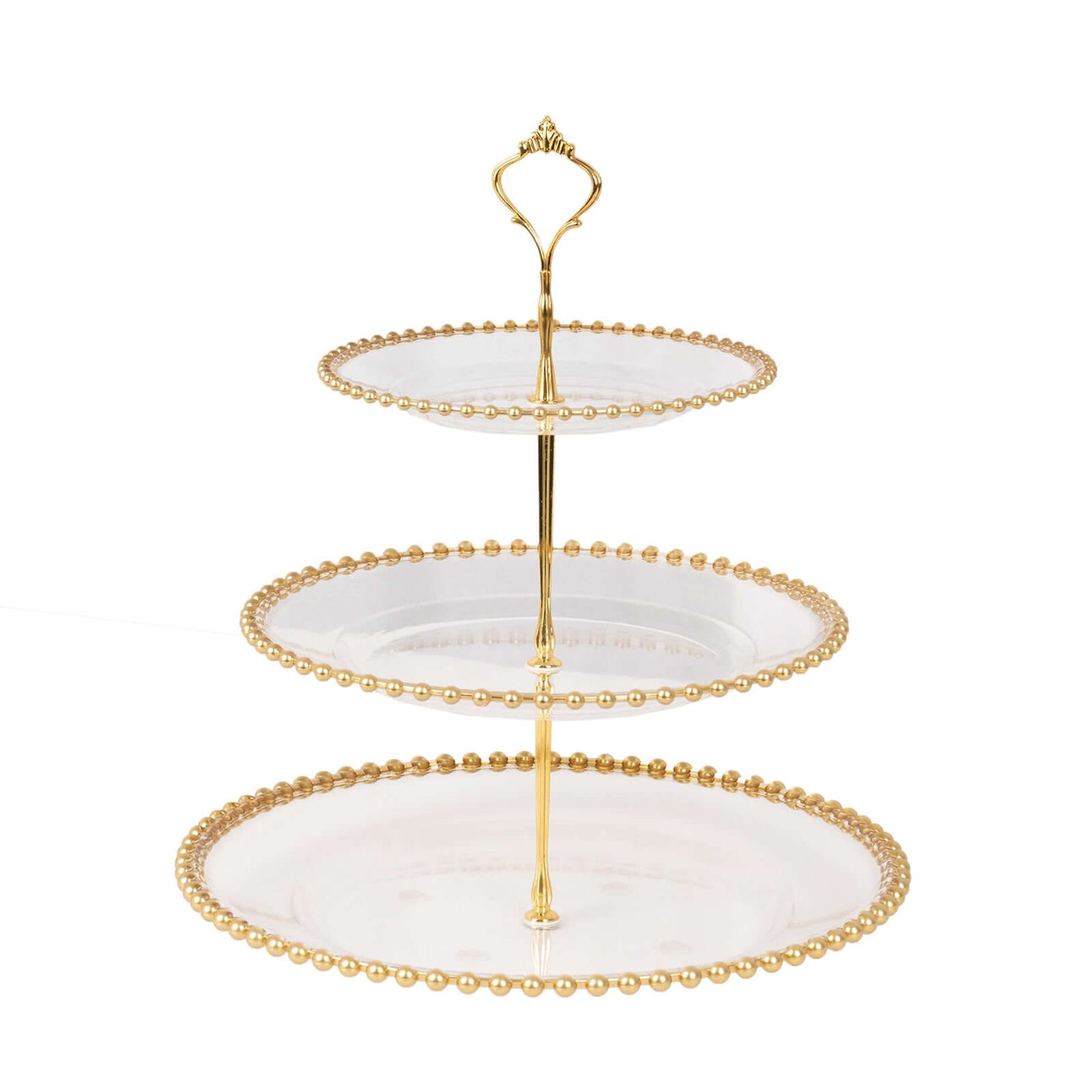 3-Tier Plastic Round Cupcake Tower Stand Clear - Versatile Dessert Display Tea Party Serving Platter with Gold Beaded Rim & Top Handle 14"