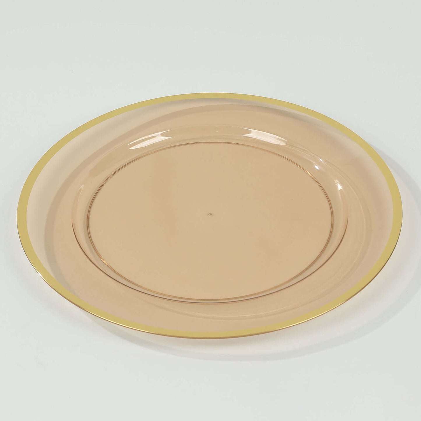 10-Pack Economy Plastic Round Charger Plates 12" in Transparent Amber Gold with Wide Gold Rim, Decorative Dinner Party Serving Plates