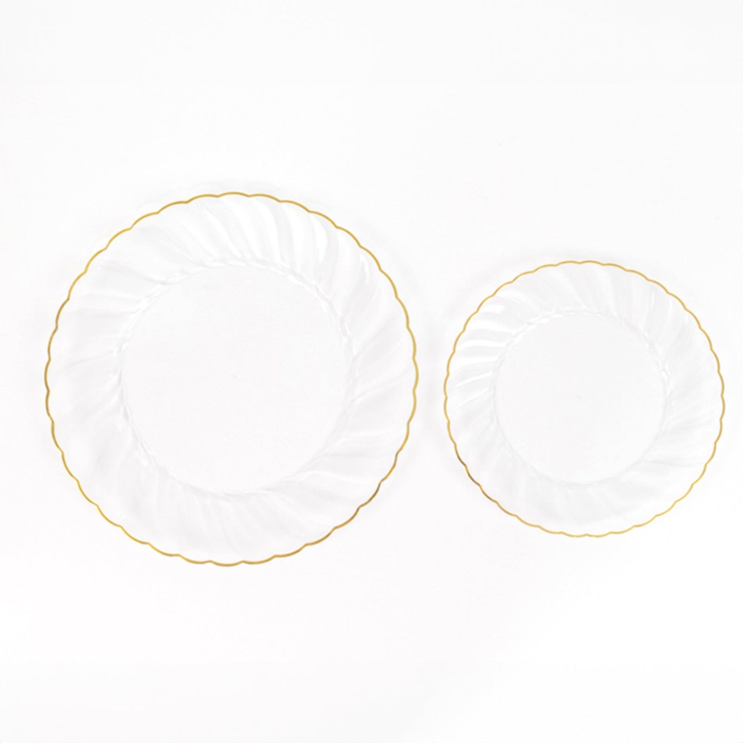 10-Pack Plastic 10" Round Dinner Plates in Clear with Gold Flair Rim - Disposable Party Plates for Upscale Banquets & Special Occasions