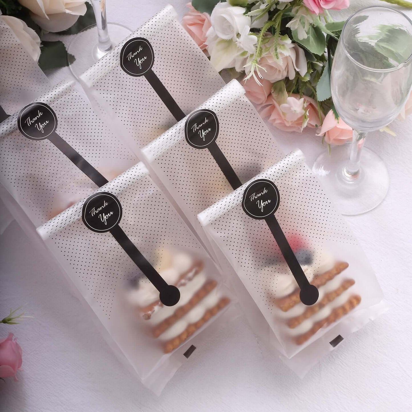 50 Pack Clear Black Dotted Plastic Goodie Gift Bags with "Thank You" Paper Stickers, Rectangular Party Favor Candy Treat Bags - 3"x9"