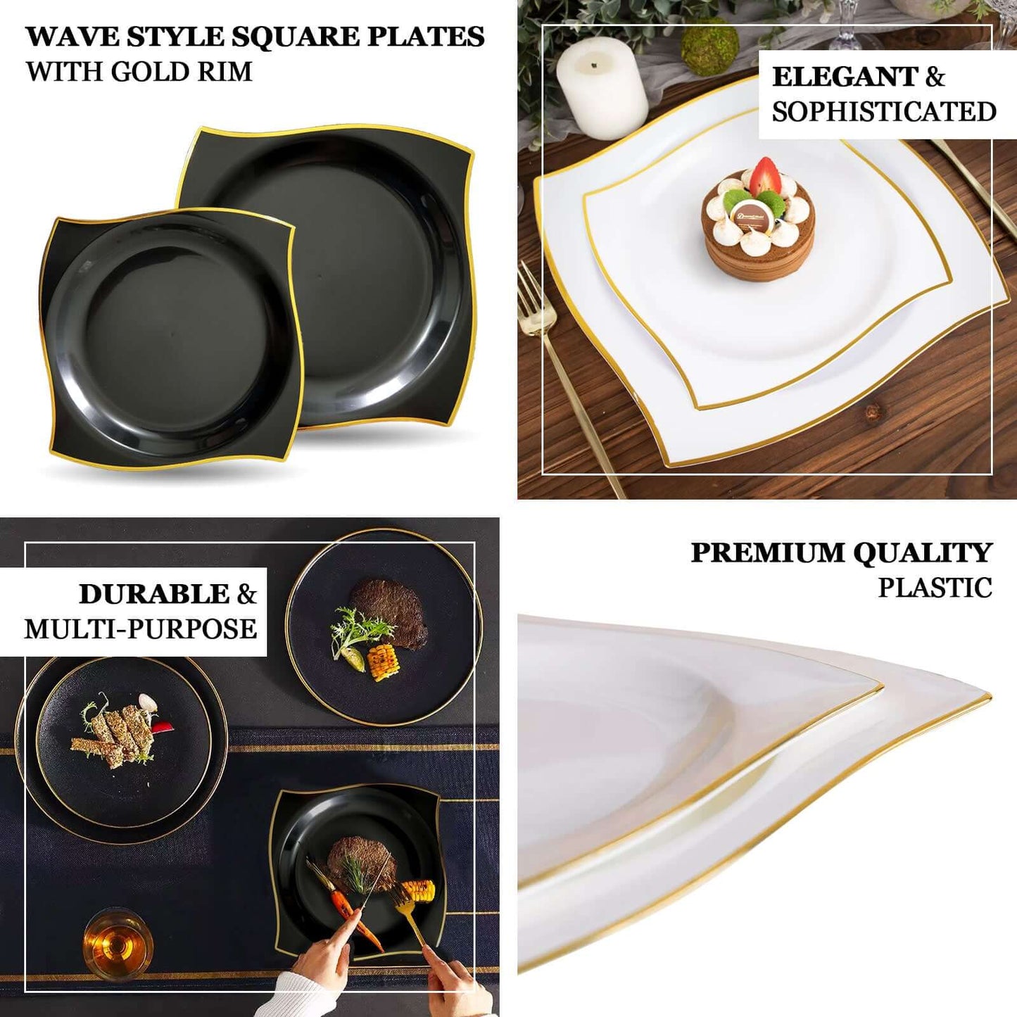 10-Pack Plastic 10" Square Dinner Plates in Clear with Gold Wavy Rim Modern - Disposable Party Plates