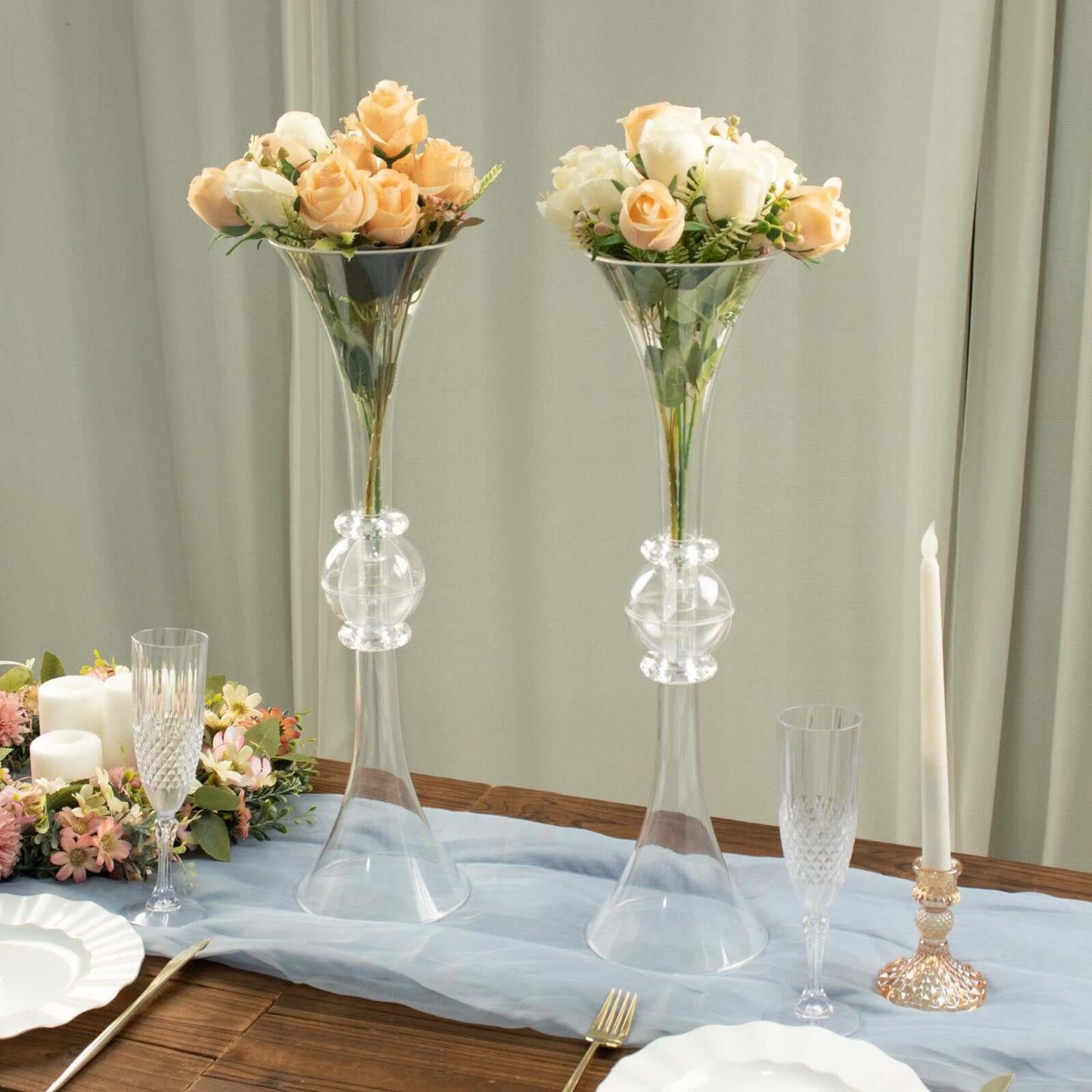 2-Pack Flower Vases Trumpet Design with Crystal Embellishments Clear - Reversible Plastic Table Centerpieces 21"