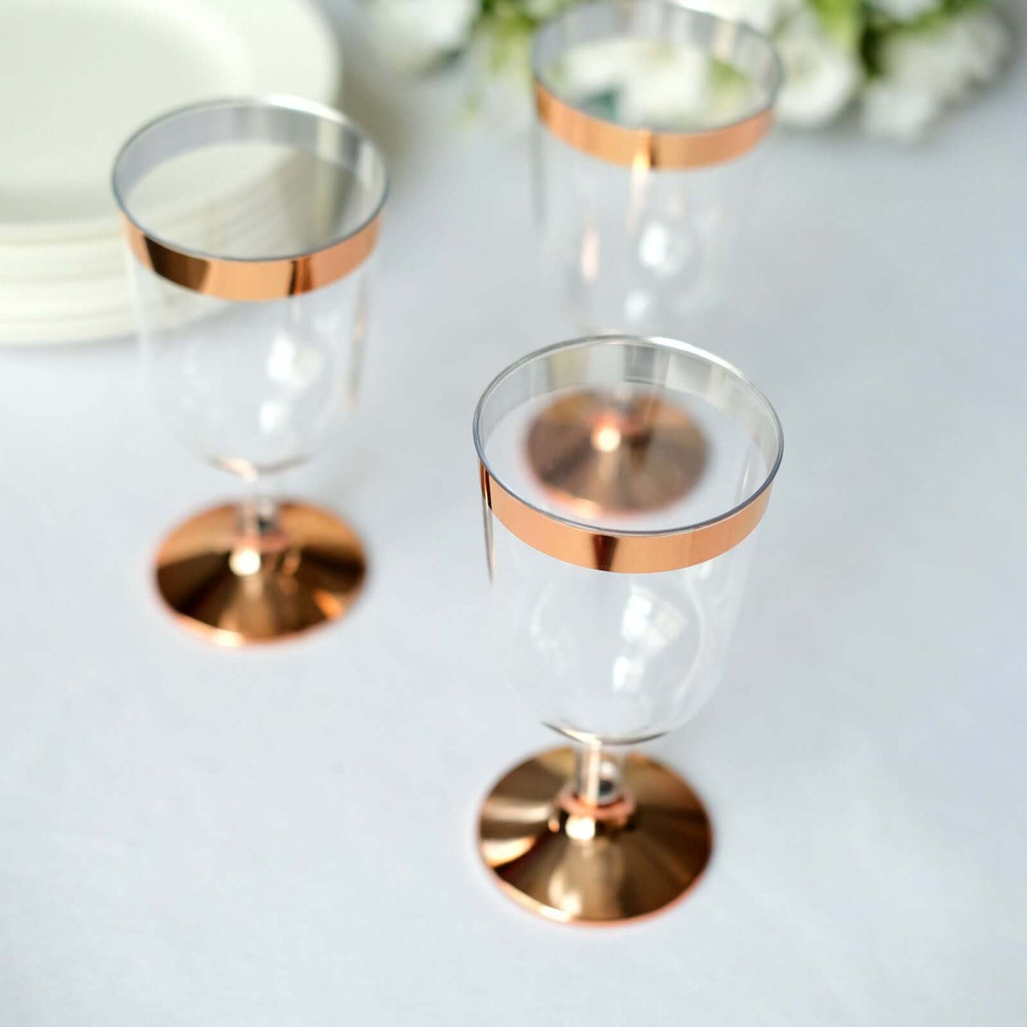 12-Pack Plastic Wine Glasses Clear with Rose Gold Rim - Classy Disposable Cups with Detachable Base for Weddings & Special Occasions 6oz