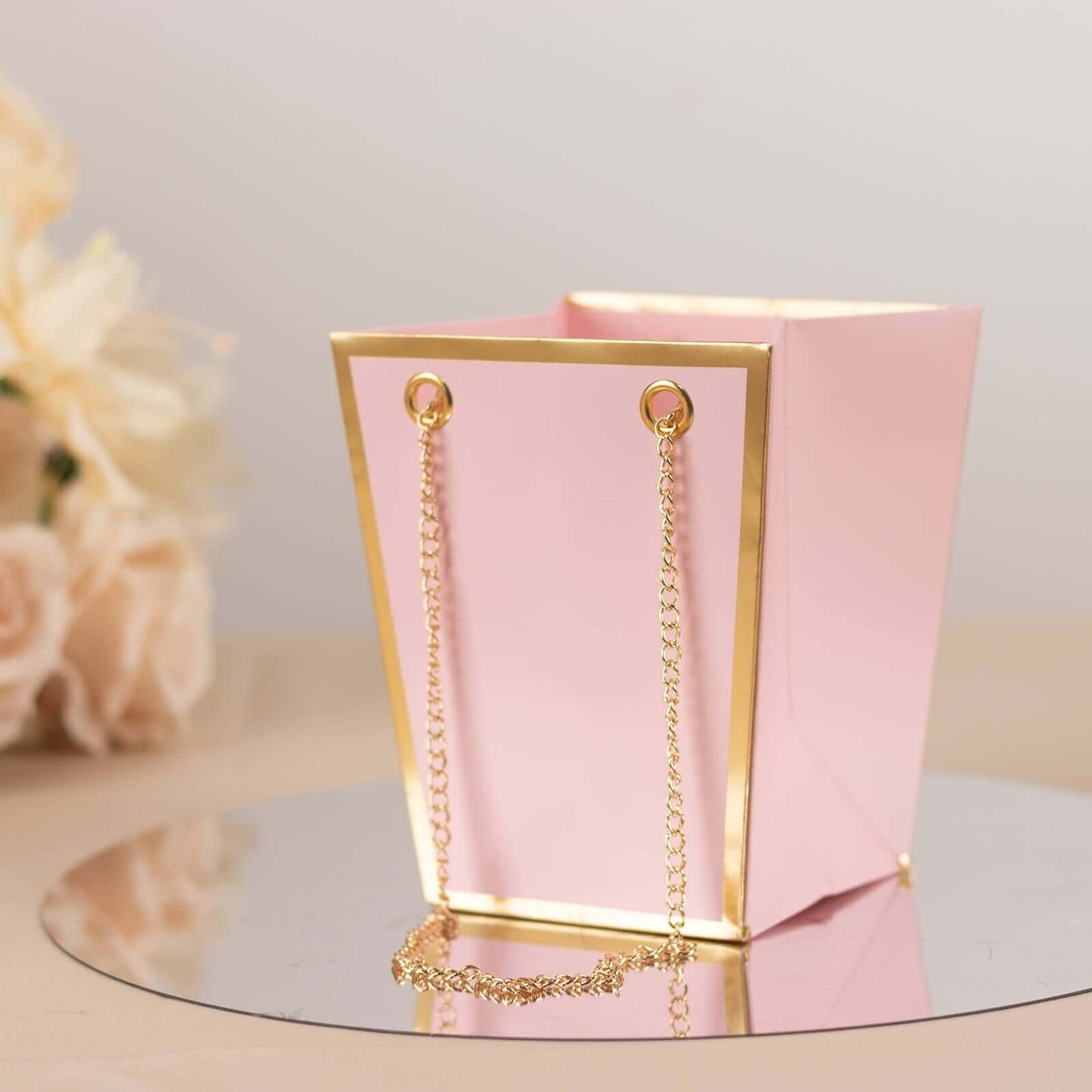 6 Pack Pink Gold Edge Paper Flower Gift Bags With Metal Chain Handles, Trapezoid Party Favor Tote Bags - 5"x6"