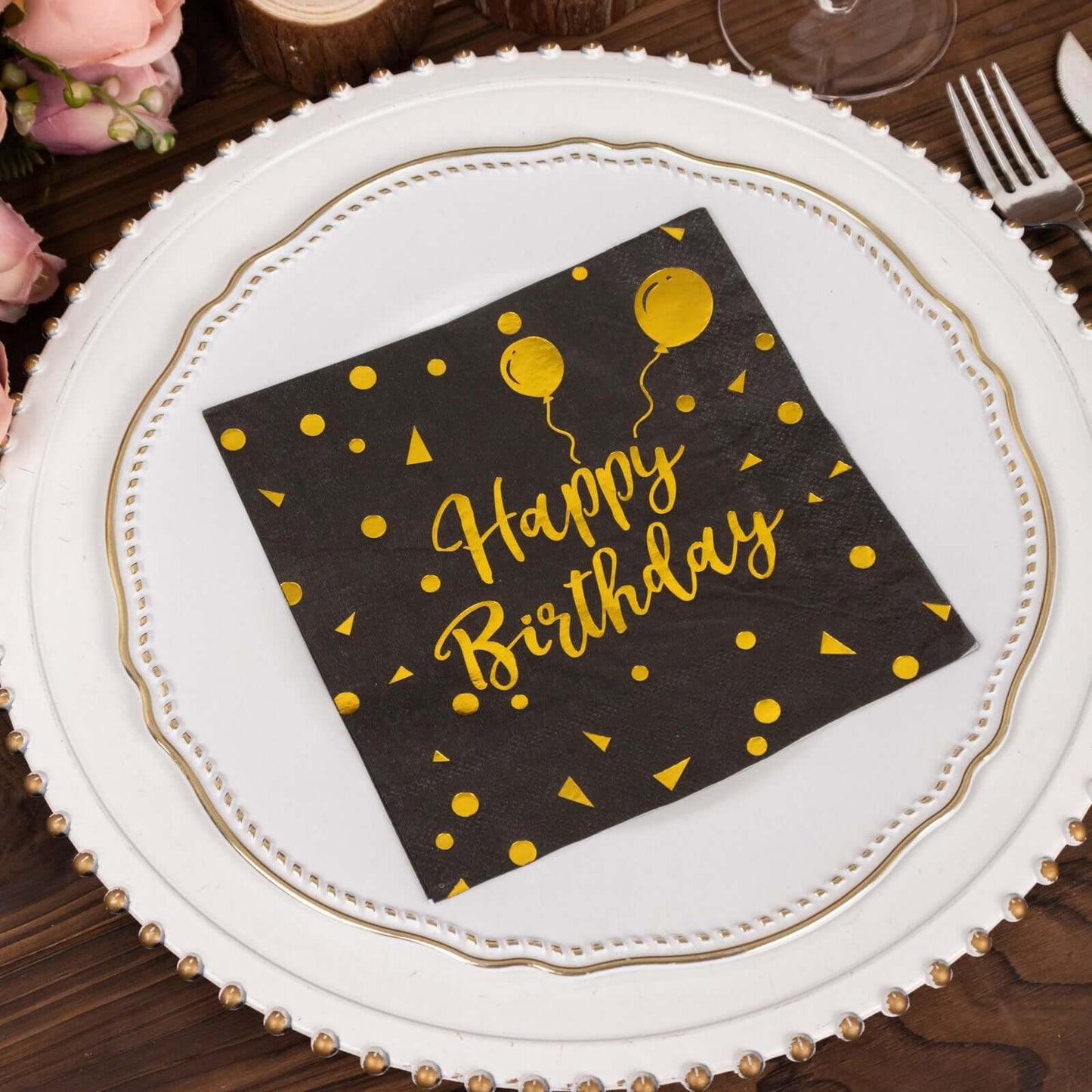 20-Pack Paper Beverage Napkins with Happy Birthday Foil Print Black/Gold - 2 Ply Disposable 18GSM Soft Party Napkins 6.5"x6.5"
