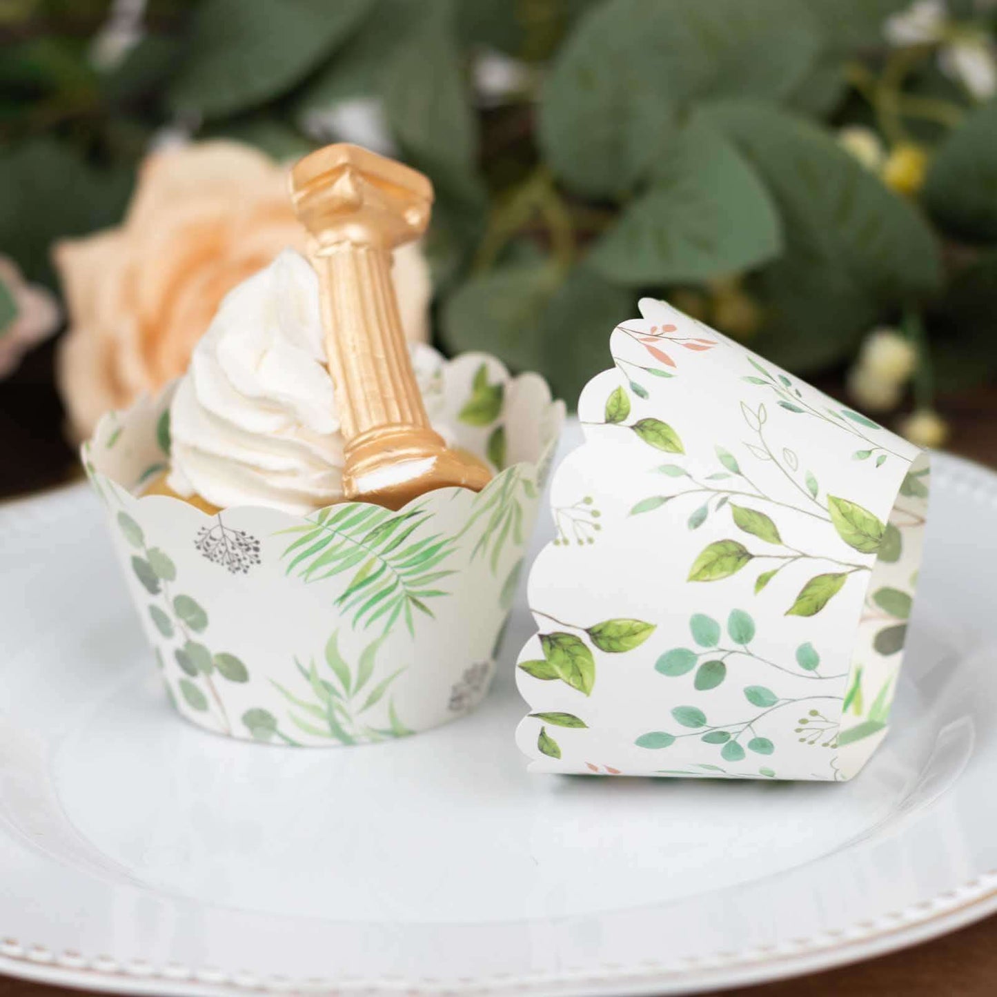 25-Pack Paper Cupcake Wrappers Eucalyptus Leaves Print White Green - Round Muffin Truffle Cup Liners 3"