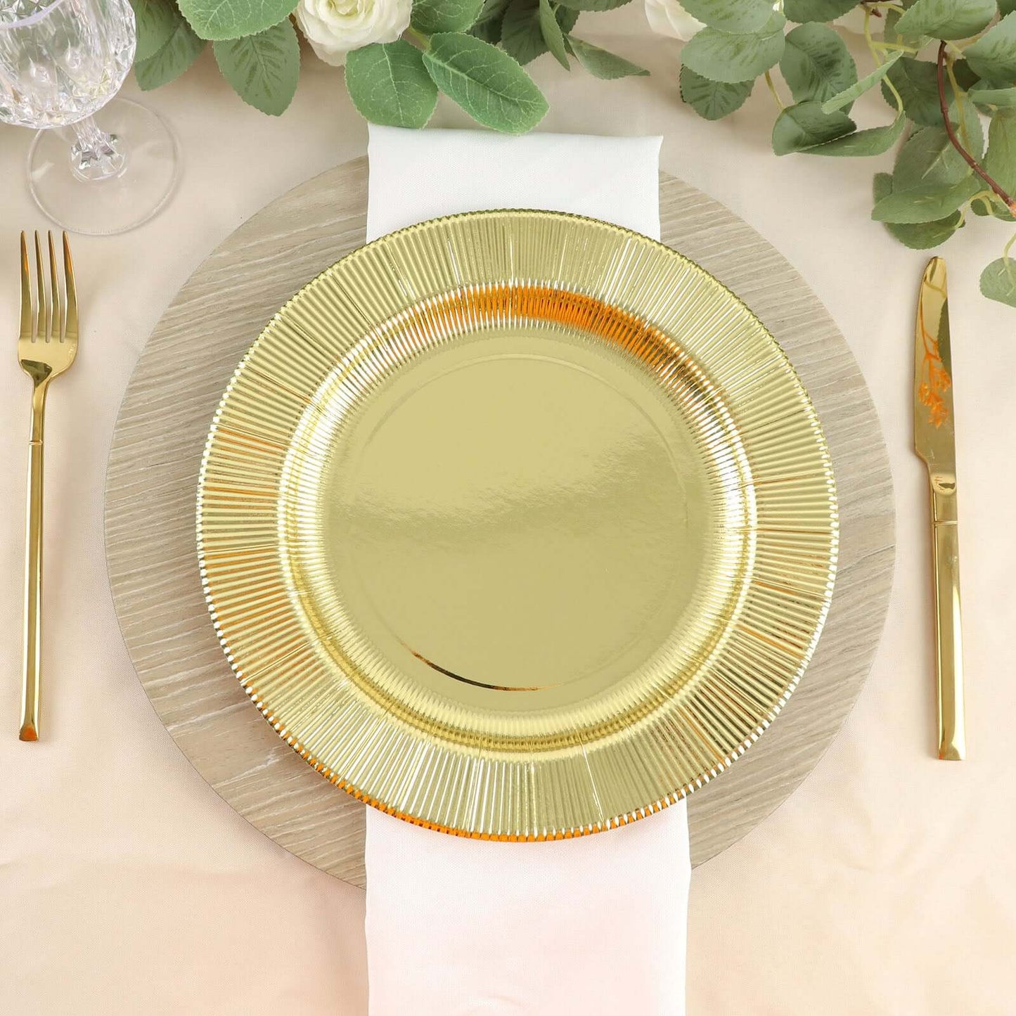 25-Pack Paper 10" Round Dinner Plates in Metallic Gold Sunray Design - Disposable Heavy Duty 350GSM Party Plates