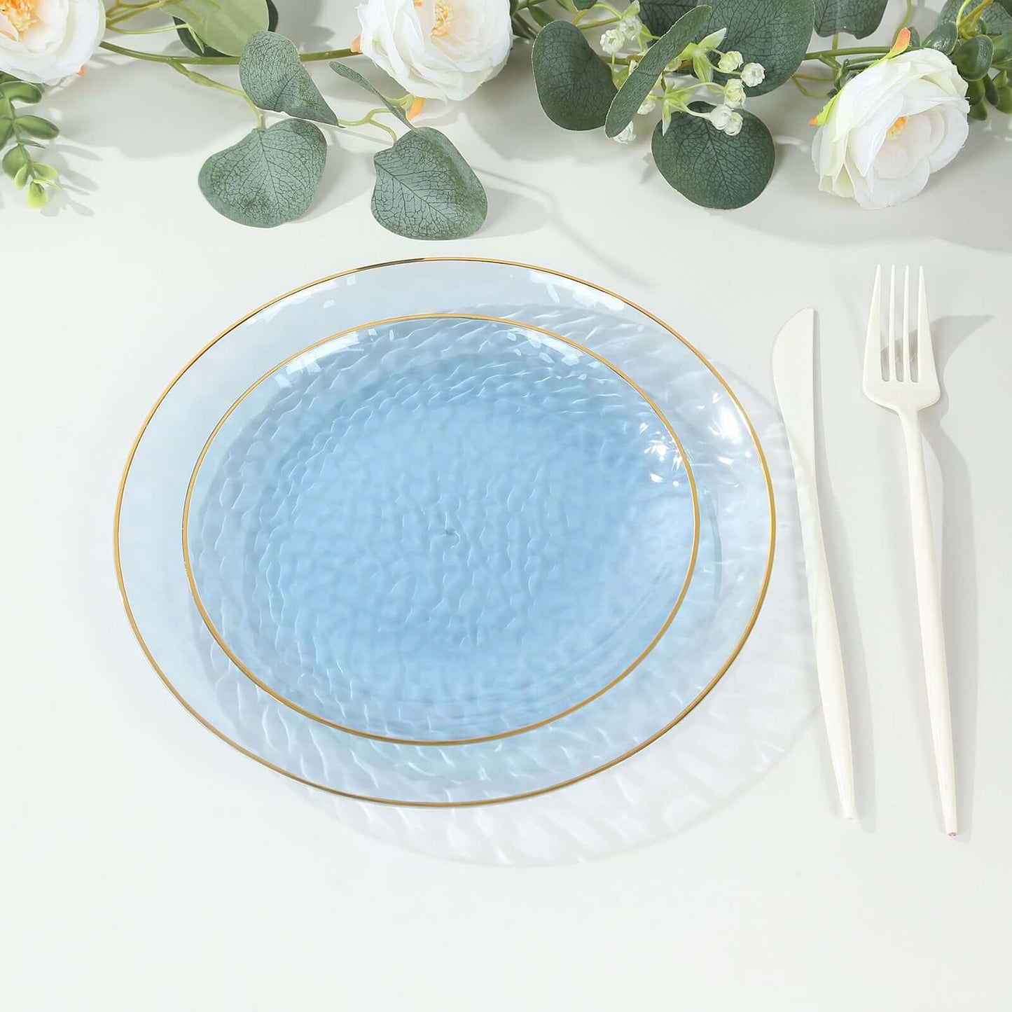10-Pack Plastic 9" Round Dinner Plates in Transparent Dusty Blue Hammered Design with Gold Rim - Modern Disposable Party Plates