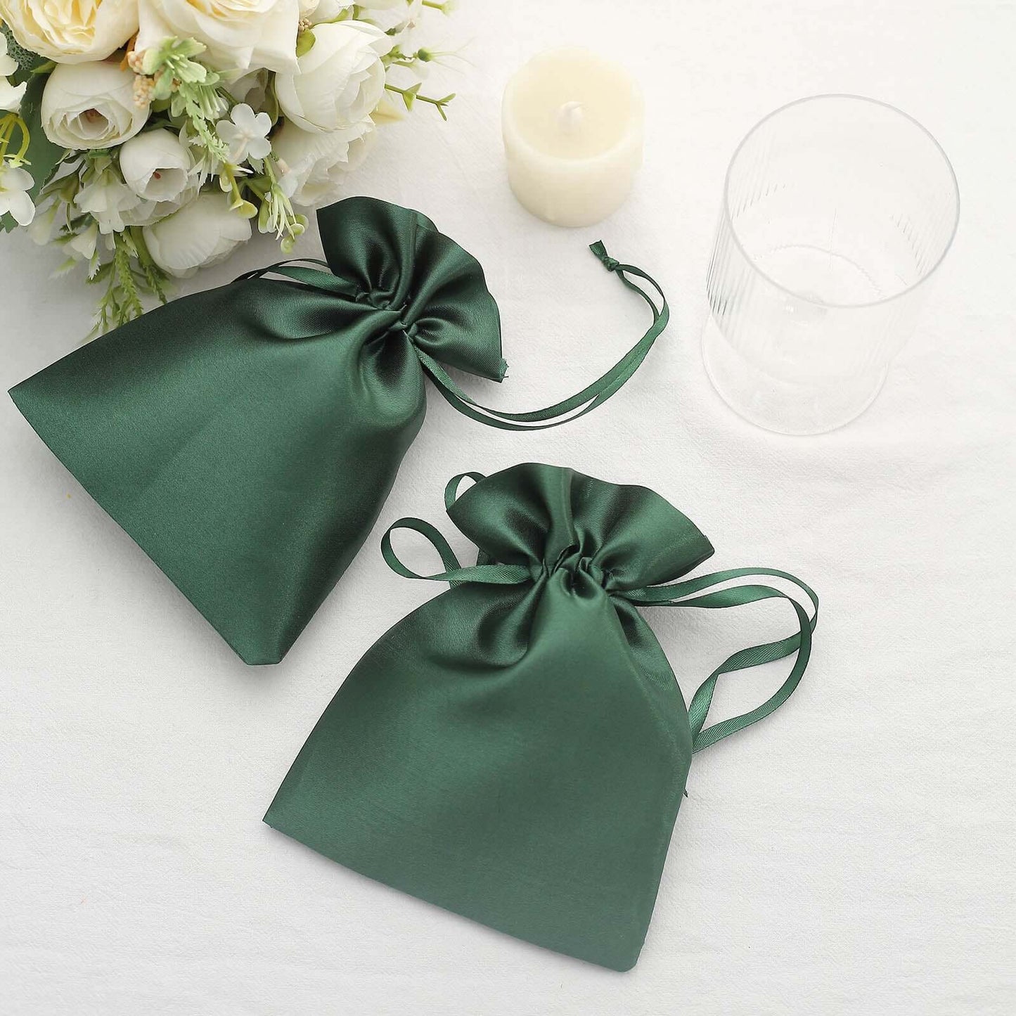 12 Pack 5"x7" Hunter Emerald Green Satin Wedding Party Favor Bags, Drawstring Pouch Gift Bags