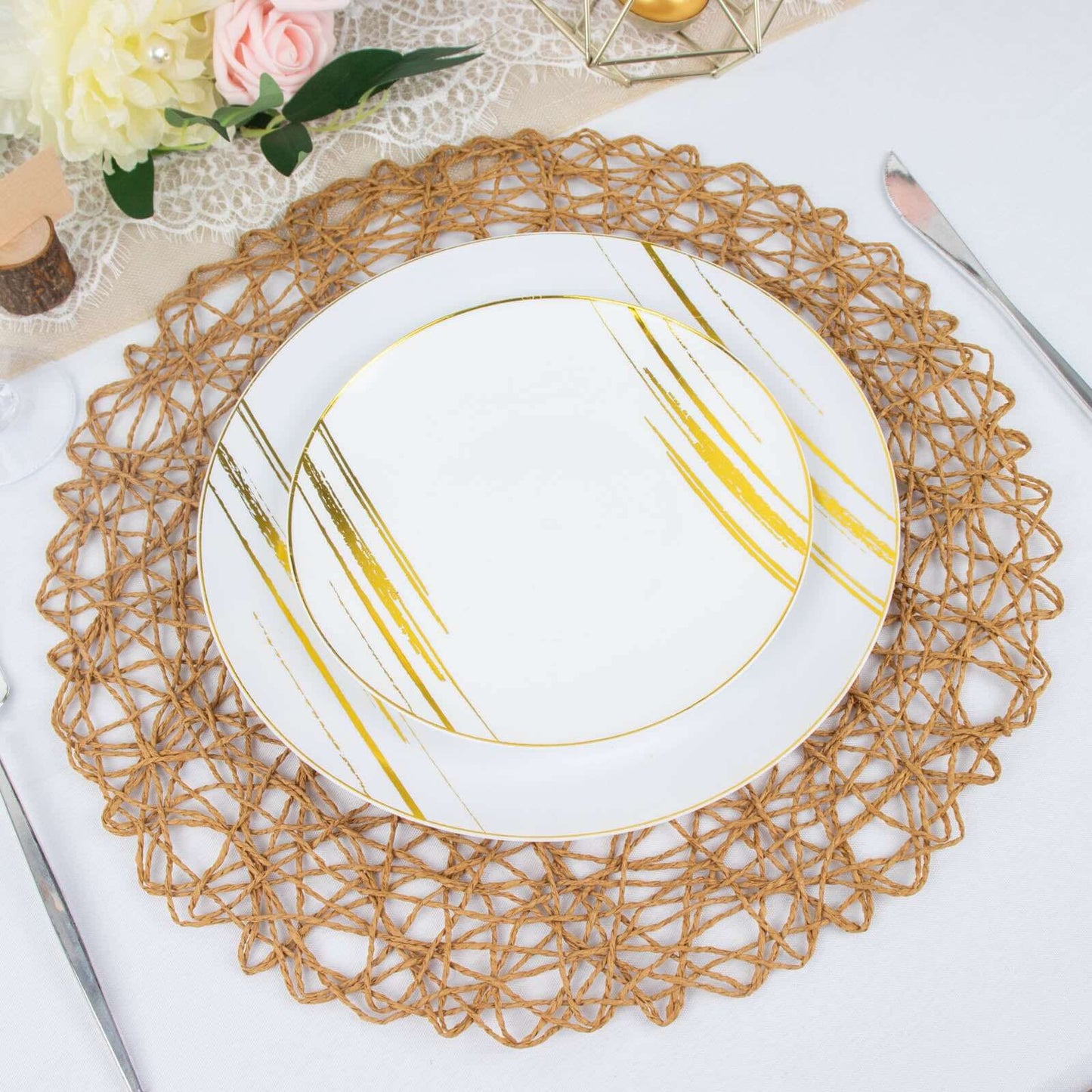 6-Pack Table Placemats Woven Fiber Design Natural Round - Disposable Mats for Dining and Events 15"
