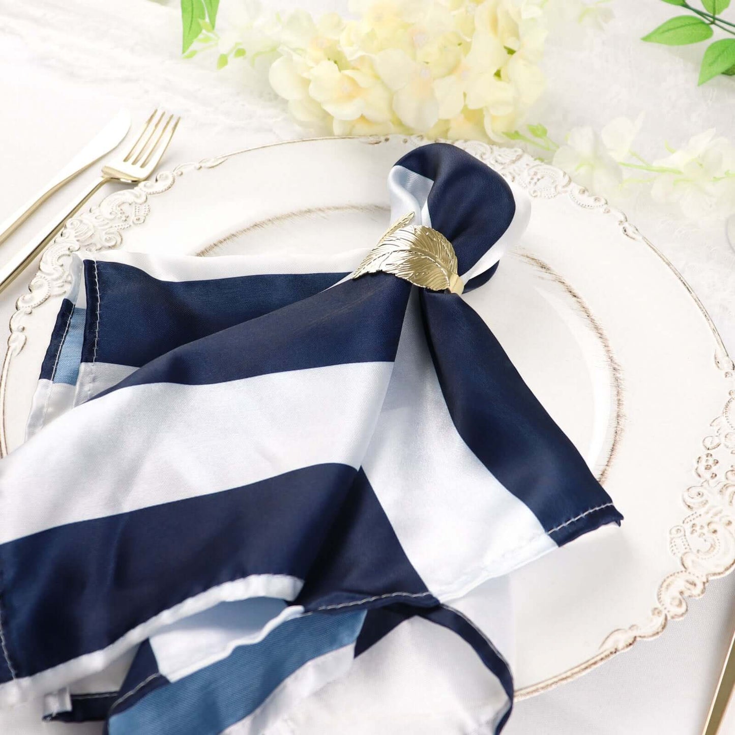 5 Pack Satin 20"x20" Napkins Navy Blue/White - Striped Reusable Dinner Napkins