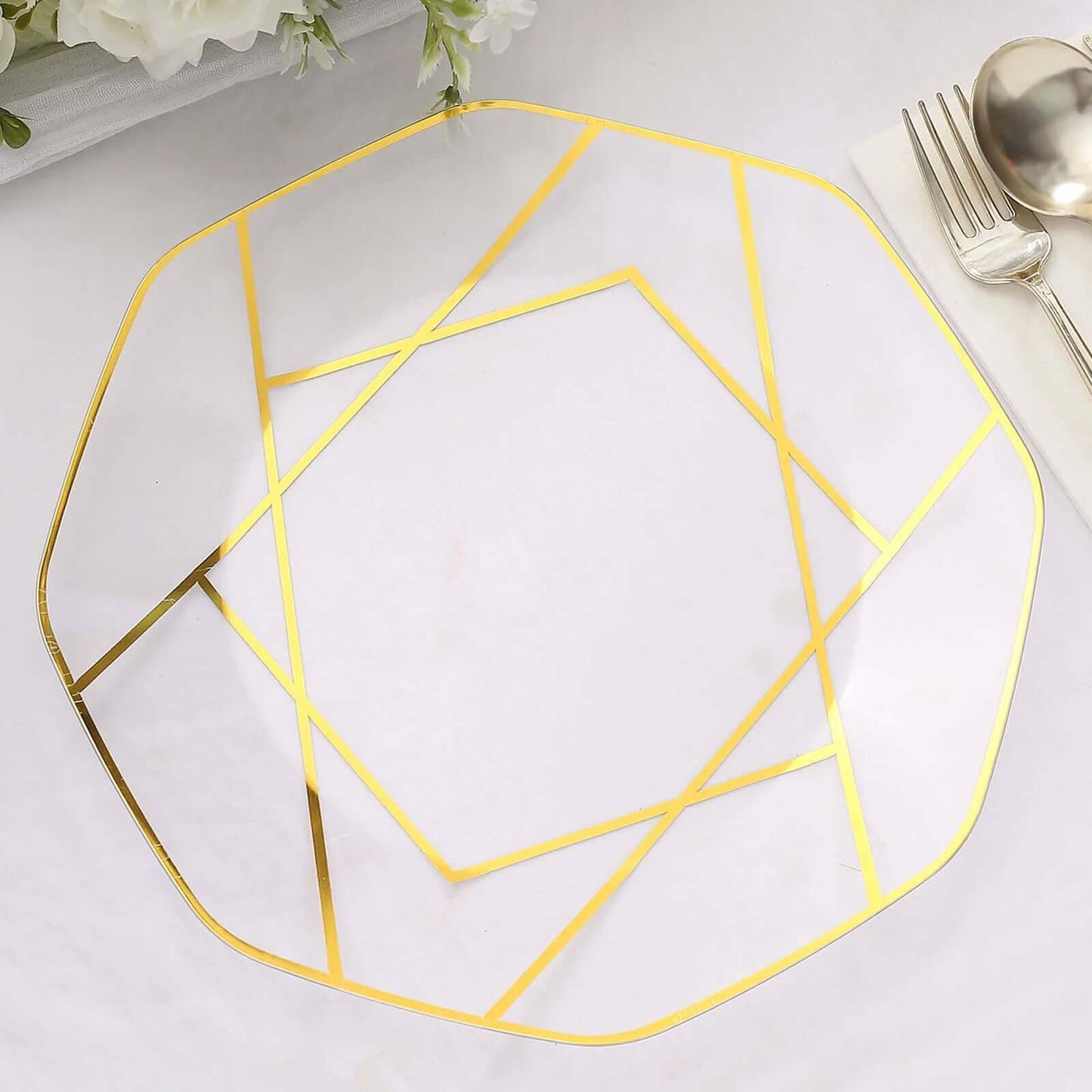 10-Pack Plastic 10" Octagon Dinner Plates in Clear - Modern Disposable Party Plates with Gold Geometric Design for Special Occasions & Celebrations